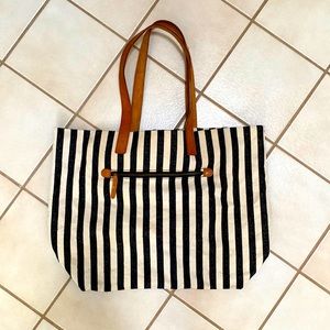 Pottery Barn Kids Mason Black Stripe slouchy diaper tote Tan Leather straps